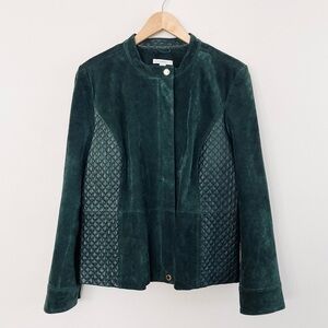 [Isaac Mizrahi Live] Green Brushed Suede Quilted Leather Gold Detail Zip Jacket